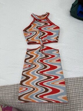 Princess Polly Multicolor Wavy Knit Cutout Dress (Red, Blue, Brown, Tan)